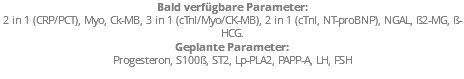 Bald verfügbare Parameter: 2 in 1 (CRP/PCT), Myo, Ck-MB, 3 in 1 (cTnI/Myo/CK-MB), 2 in 1 (cTnI, NT-proBNP), NGAL, ß2-MG, ß-HCG. Geplante Parameter: Progesteron, S100ß, ST2, Lp-PLA2, PAPP-A, LH, FSH