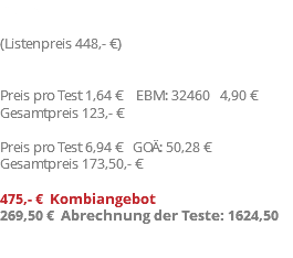 Preis (Listenpreis 448,- €) Preis pro Test 1,64 € EBM: 32460 4,90 € Gesamtpreis 123,- € Preis pro Test 6,94 € GOÄ: 50,28 € Gesamtpreis 173,50,- € 475,- € Kombiangebot 269,50 € Abrechnung der Teste: 1624,50 